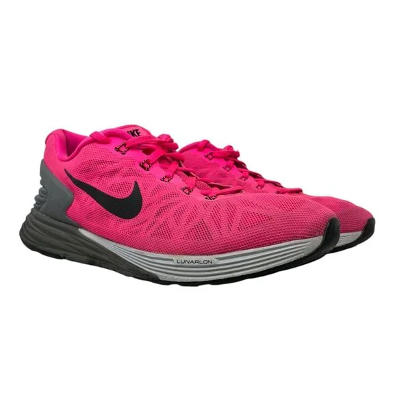 Nike Womens 11 Lunarlon Running Shoes Hot Pink Breathable Mesh Athletic Sneakers - Picture 2 of 16